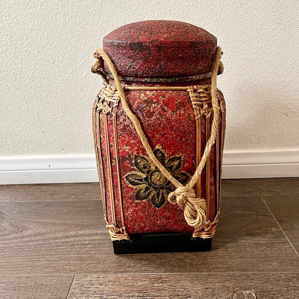 Asian Bamboo Red hand-painted rice box with Lid